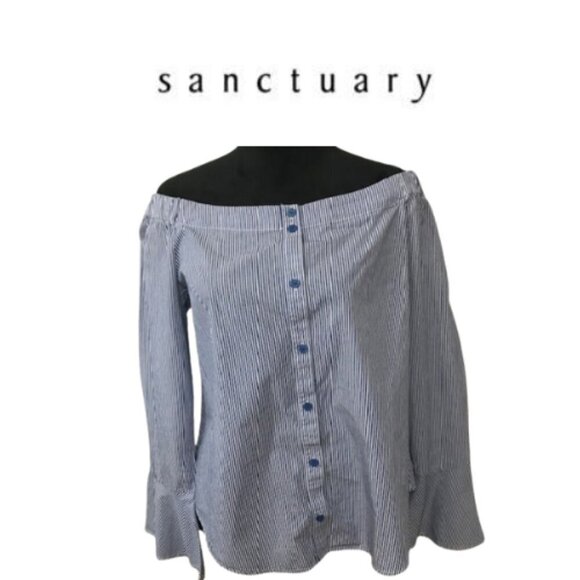 Sanctuary Blue and White Bell Sleeve Off-Shoulder Blouse - Picture 8 of 9